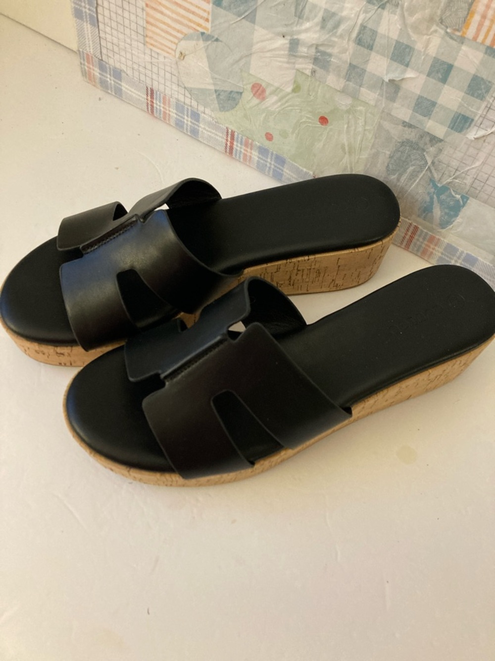 Coutgo ZBY Women's Black Cork Wedge Slide Sandals-size 8.5